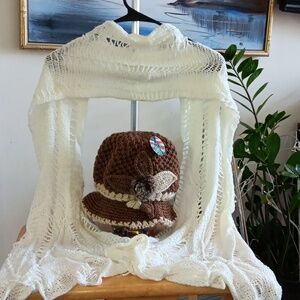 Bucket Hat and Knit Scarf Cream 66" Long 19" Wide At Top 7" New